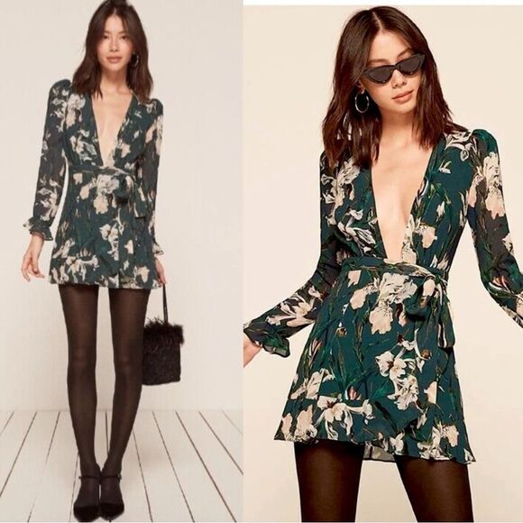Reformation Dresses & Skirts - NWT Reformation Whitby Mini Green Dress Floral Wrap Size XS